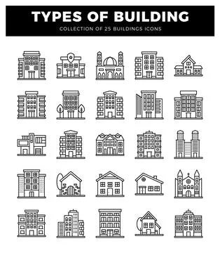 Building icons in a grid layout on a white background. Ilustración de archivo