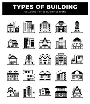 Building icons in a grid layout on a white background. Ilustración de archivo