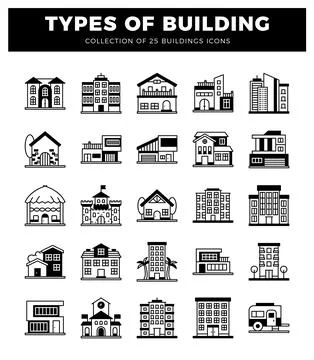 Building icons in a grid layout on white background. Ilustración de archivo