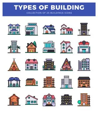 Building icons in a grid layout on white background. Ilustración de archivo