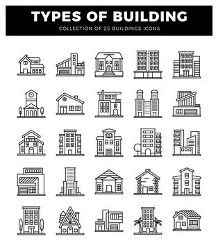 Building icons in a grid layout on a white background. Ilustración de archivo