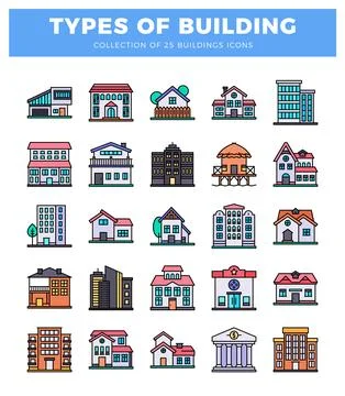 Building icons in a grid layout on a white background with a blue header. Ilustración de archivo