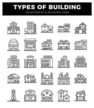 Building icons in a grid layout on a white background Ilustración de archivo