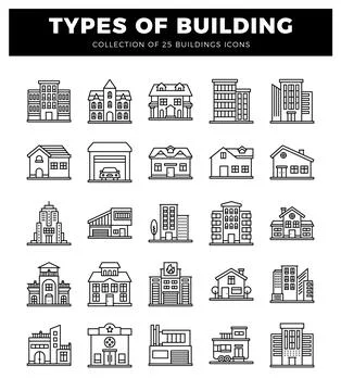 Building icons in a grid layout on a white background. Ilustración de archivo