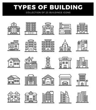 Building icons in a grid layout on white background. Ilustración de archivo