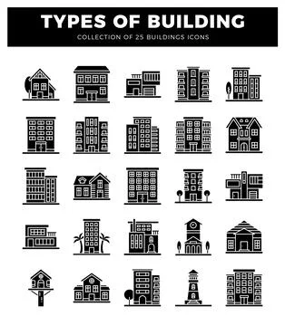 Building icons in a grid layout on a white background. Ilustración de archivo