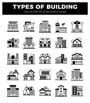 Building icons in a grid layout on a white background. Ilustración de archivo
