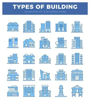 Building icons in a grid layout on a white background. Ilustración de archivo