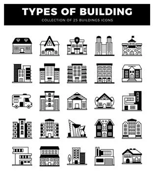 Building icons in a grid layout. white background. black line art Ilustración de archivo