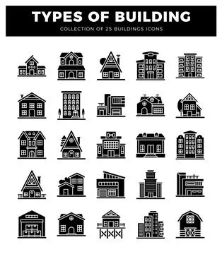Building icons in a grid layout on a white background Ilustración de archivo