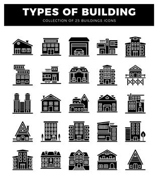 Building icons in a grid layout on a white background. Ilustración de archivo