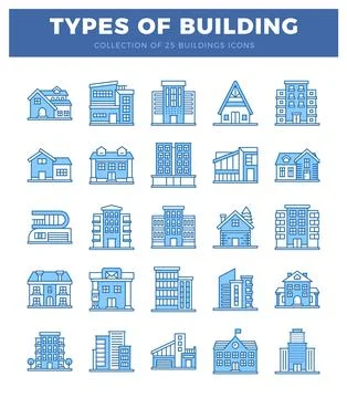 Building icons in a grid. showcasing diverse architecture. Ilustración de archivo