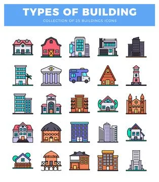 Building icons in a grid with variety of architectural styles. Ilustración de archivo