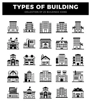 Building icons in a grid on a white background Ilustración de archivo