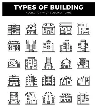 Building icons in a grid on white background Ilustración de archivo
