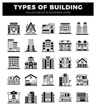 Building icons in a grid on a white background Ilustración de archivo