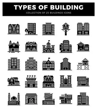 Building icons in a grid on a white background Ilustración de archivo
