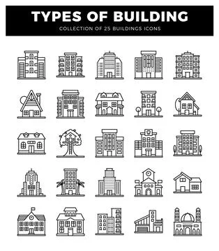 Building icons in a grid on a white background with a black header. Stock Illustration