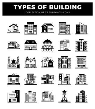 Building icons in a grid on a white background. Ilustración de archivo