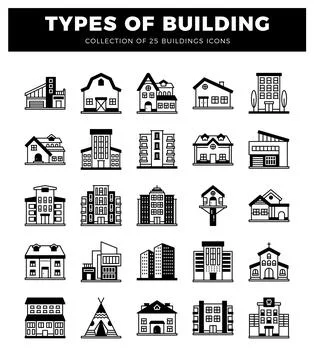 Building icons in a grid on a white background Ilustración de archivo