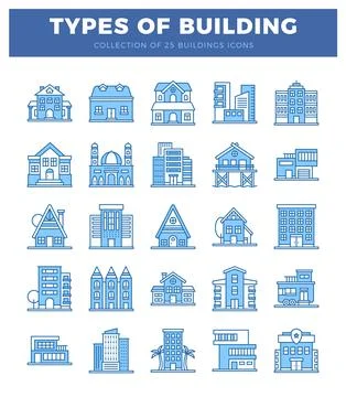 Building icons. isolated on white background. presented as flat line art gr.. Stock Illustration