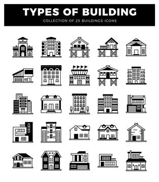 Building icons. isolated on white. featuring various architectural styles. .. Stock Illustration