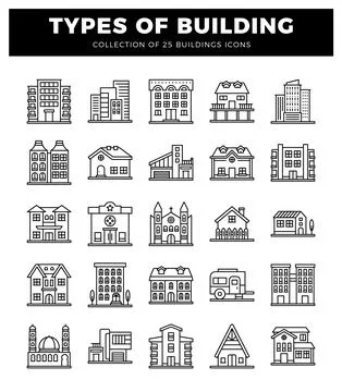 Building icons in a linear design. Diverse architectural styles presented o.. Stock Illustration