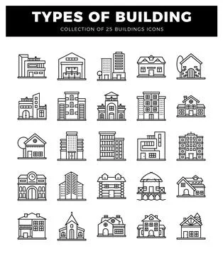 Building icons in a linear style against a white background. Ilustración de archivo
