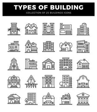 Building icons in linear style. architectural illustrations with varied des.. Stock Illustration