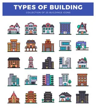 Building icons in a modern flat design style with vibrant colors. Ilustración de archivo