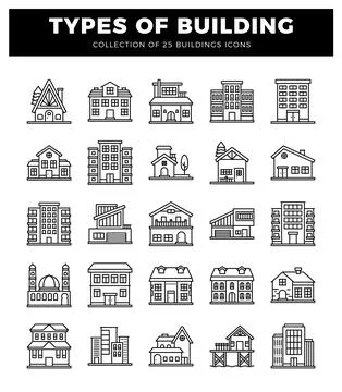 Building icons in a modern flat design. set against a white background. Div.. Ilustración de archivo