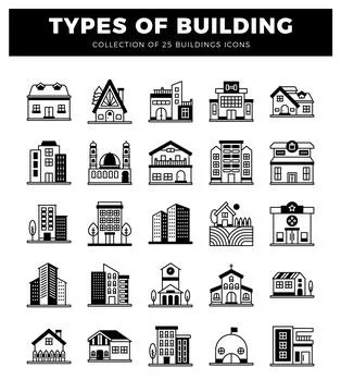 Building icons in a modern flat design style on a white background Ilustración de archivo