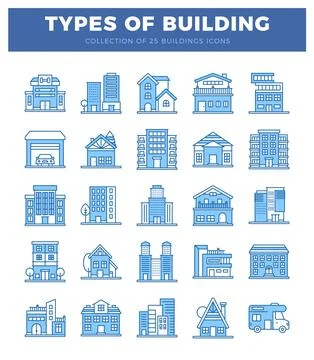 Building icons presented in a clean. linear style against a white background. Ilustración de archivo
