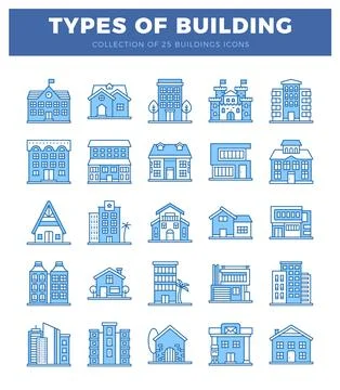 Building icons presented as a flat design infographic on a white background. Stockillustratie
