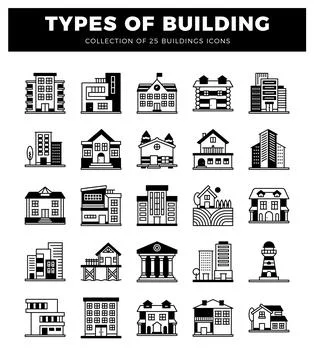 Building icons presented in a grid format. Ilustración de archivo