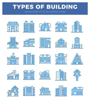 Building icons presented in a grid format with blue outlines on a white bac.. Ilustración de archivo