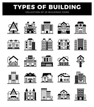 Building icons presented in a grid format on a white background Ilustración de archivo