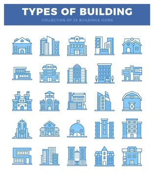Building icons presented in a grid layout with a blue and white color scheme. Ilustración de archivo