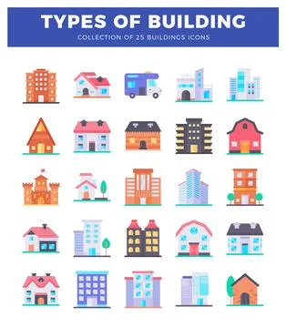 Building icons presented in a grid layout on a white background with a blue.. Ilustración de archivo