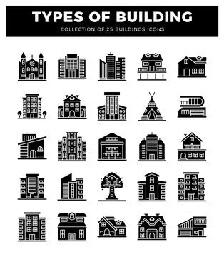 Building icons presented in a grid layout on a white background. Ilustración de archivo