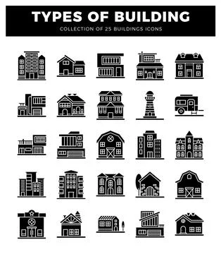 Building icons presented in a grid layout with a white background Ilustración de archivo