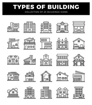 Building icons presented in a grid layout with a white background. Ilustración de archivo