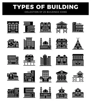 Building icons presented in a grid layout on a white background.  Various a.. Ilustración de archivo