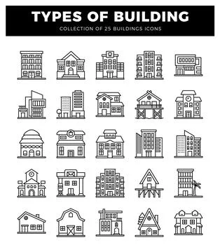 Building icons presented in a grid layout. Ilustración de archivo