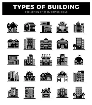 Building icons presented in a grid layout against a white background. Ilustración de archivo