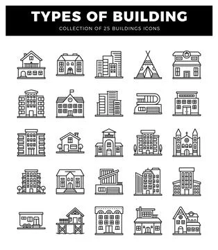 Building icons presented in a grid layout. featuring diverse architectural .. Stock Illustration