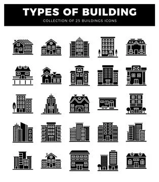 Building icons presented in a grid layout. Ilustración de archivo