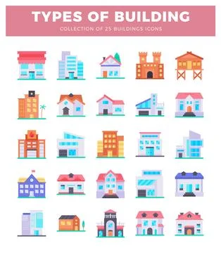 Building icons presented in a grid layout on a white background with a pink.. Ilustración de archivo