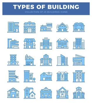 Building icons presented in a grid on a white background. Ilustración de archivo