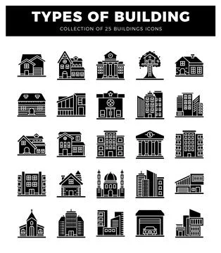 Building icons presented in a grid on a white background. Ilustración de archivo